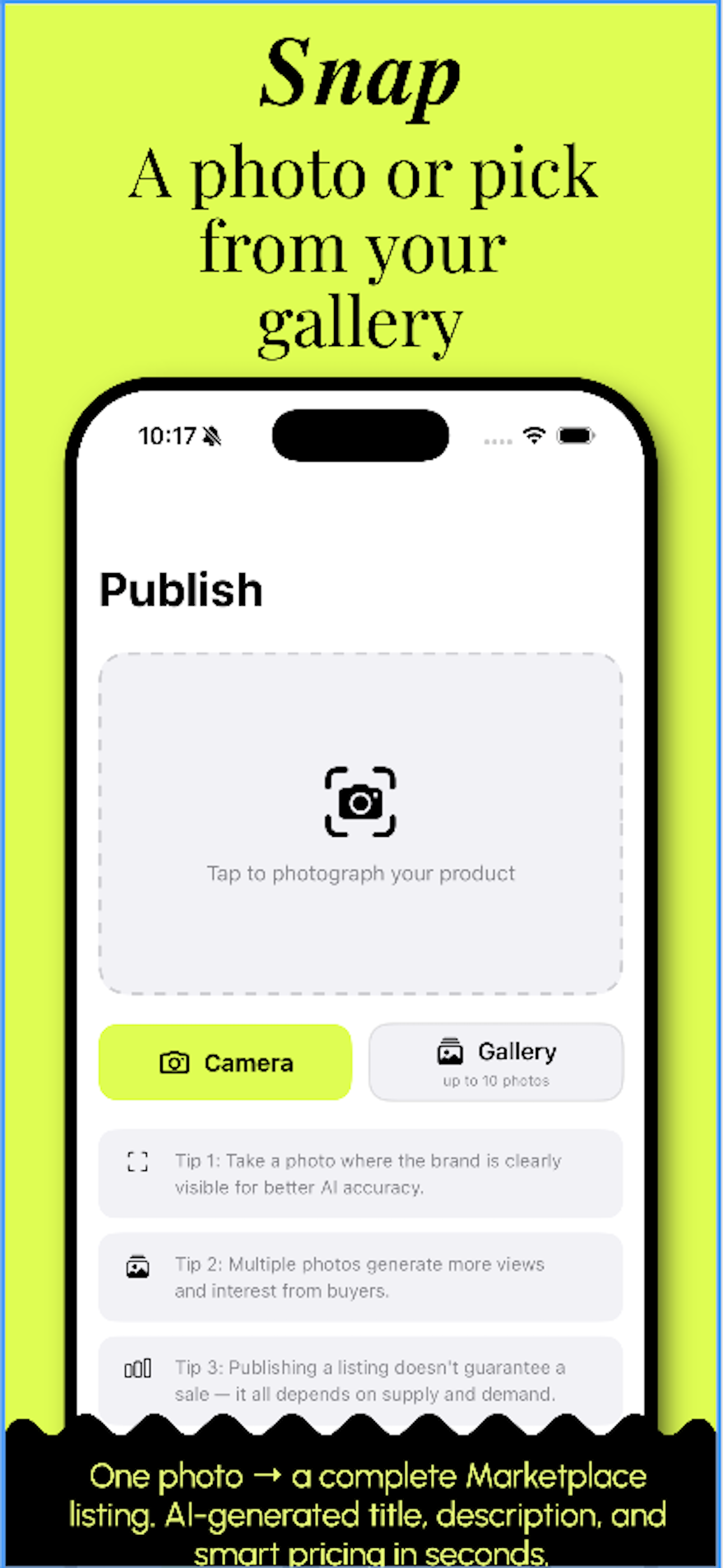 EzList camera screen — tap to photograph your product