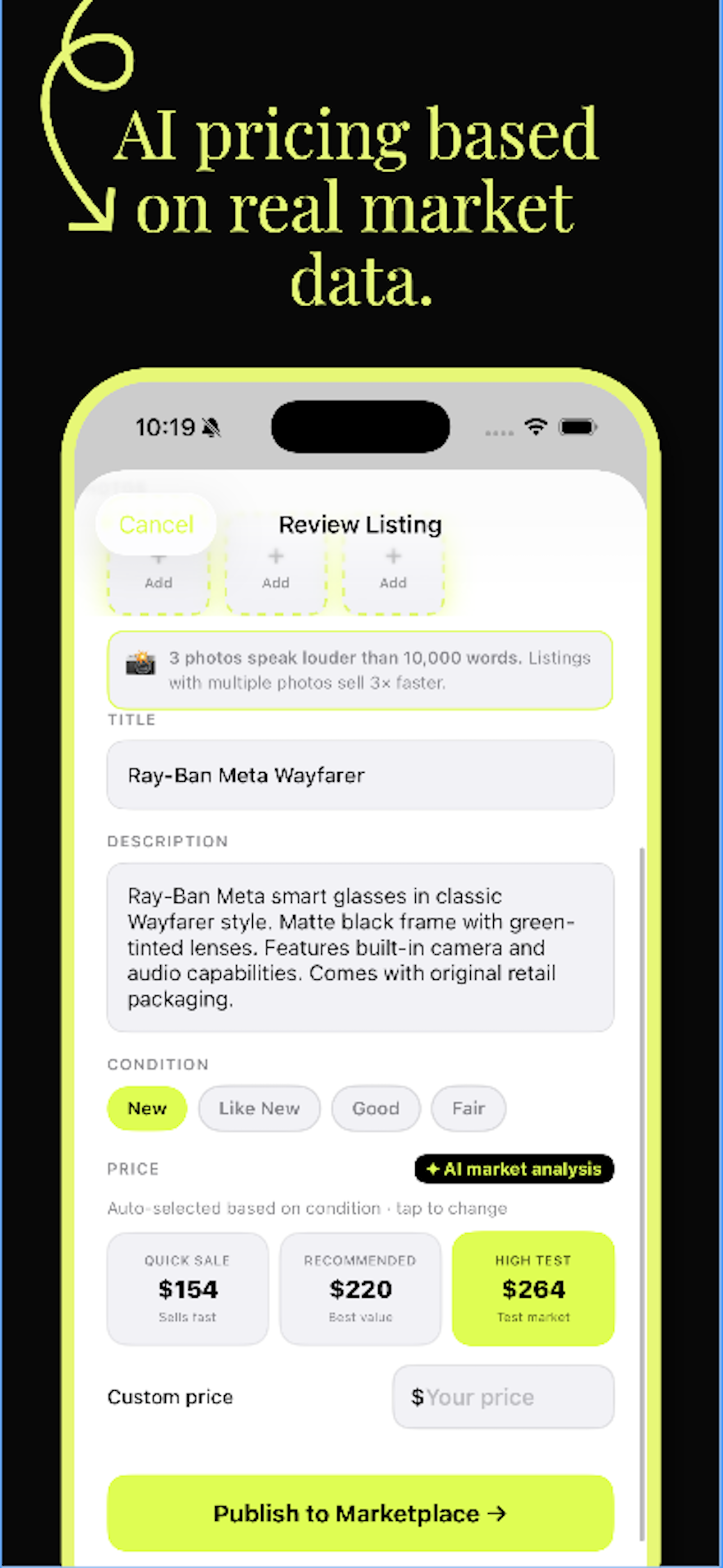 EzList pricing screen — AI market analysis with three price options