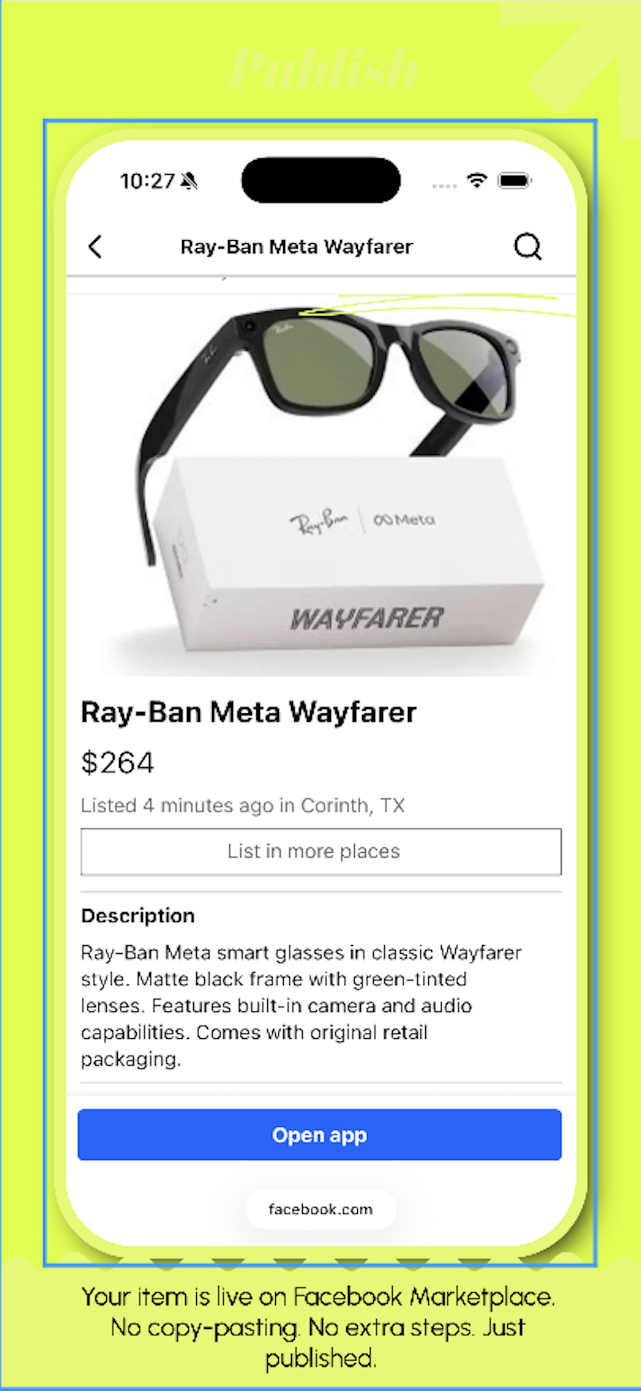 Listing live on Facebook Marketplace — Ray-Ban Meta Wayfarer $264